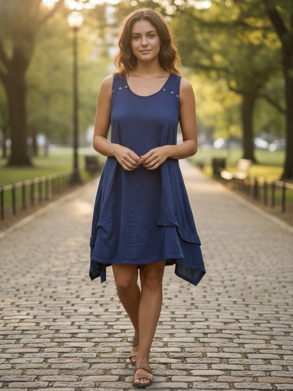 Neon Buddha Dark Blue Sleeveless Cotton Tunic Dress
Size Small
